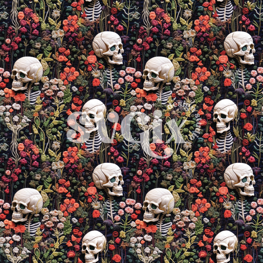 Floral Skeleton Skulls Faux Embroidery Seamless Pattern