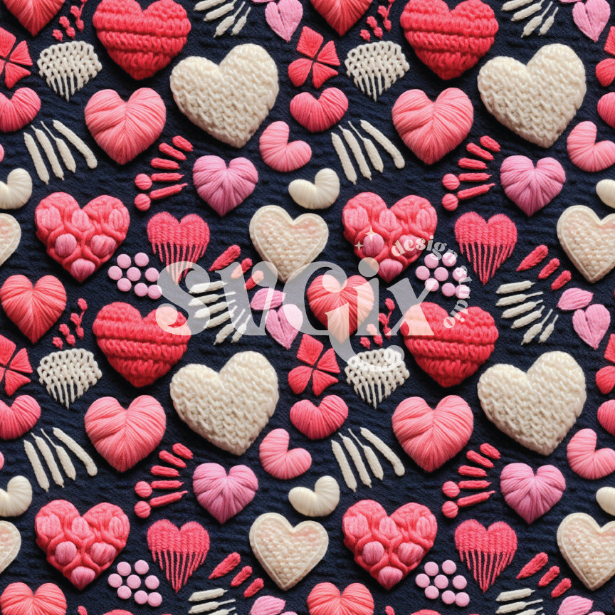 3D Hearts on Navy Knit Seamless Pattern