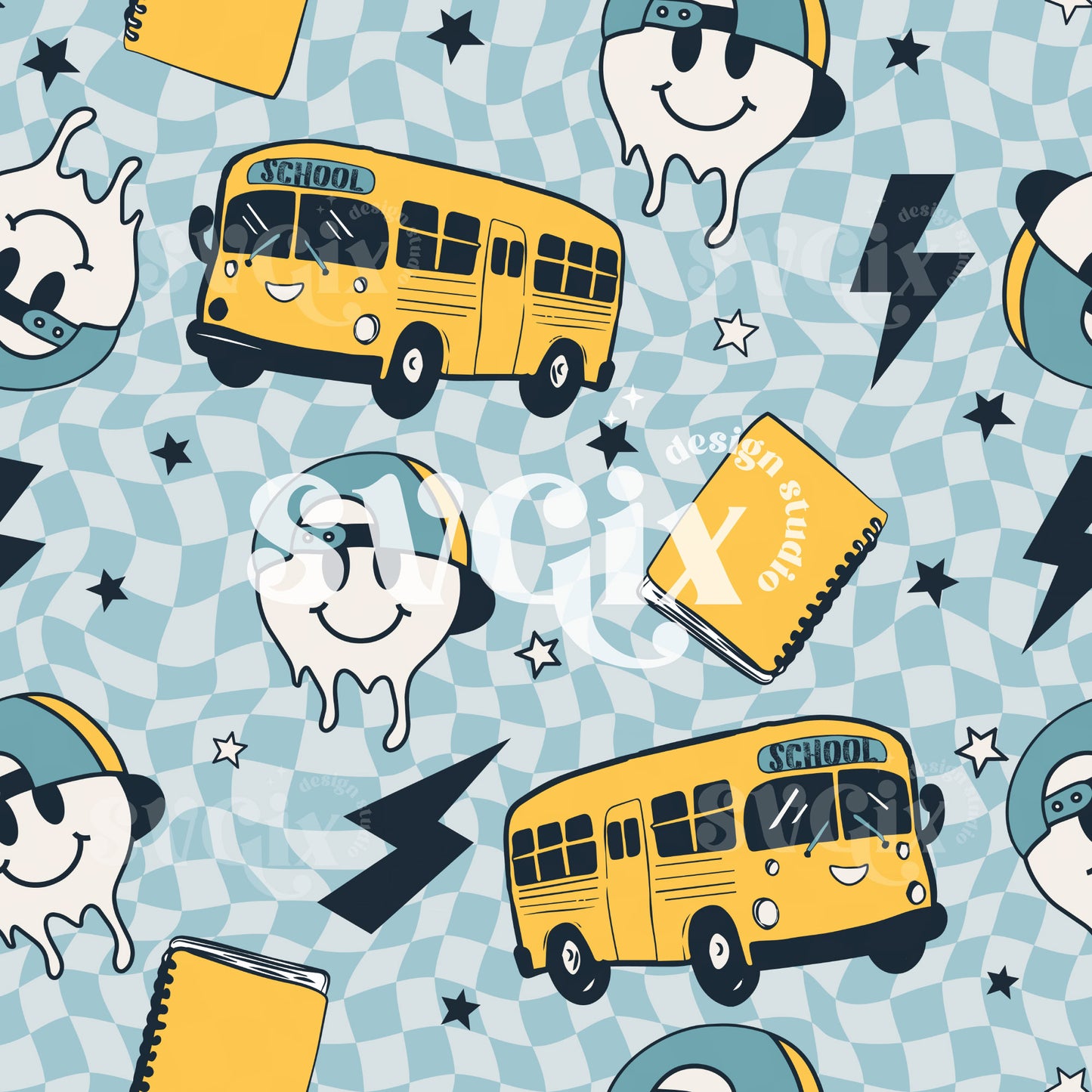Back School Bus Blue Chekers Seamless Pattern