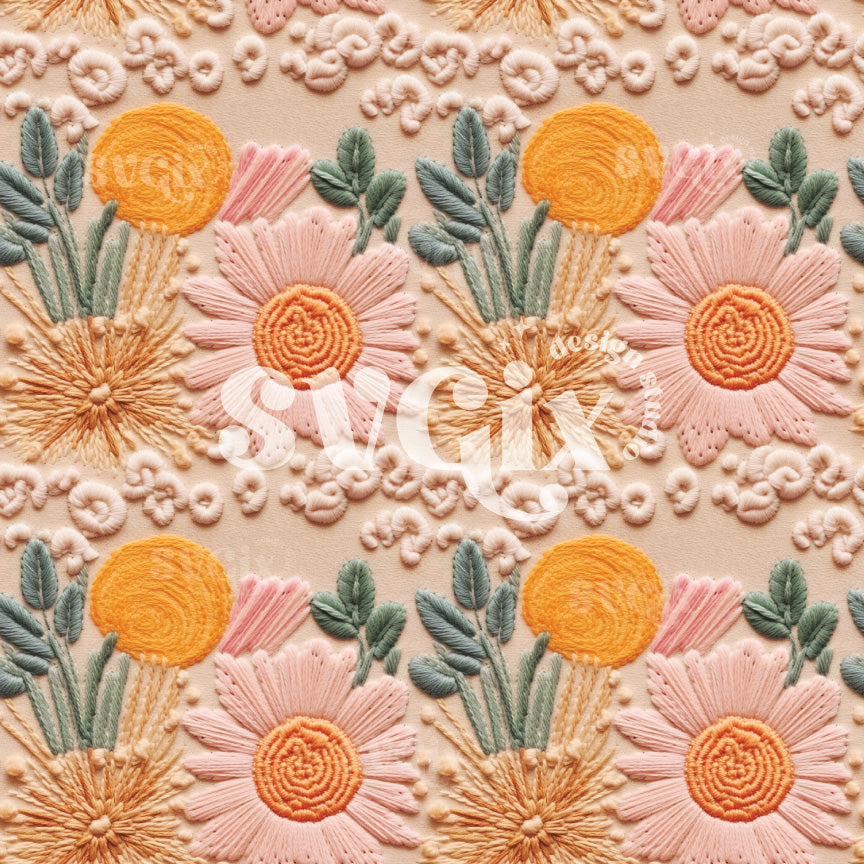 Boho Floral Faux Embroidery Seamless Pattern
