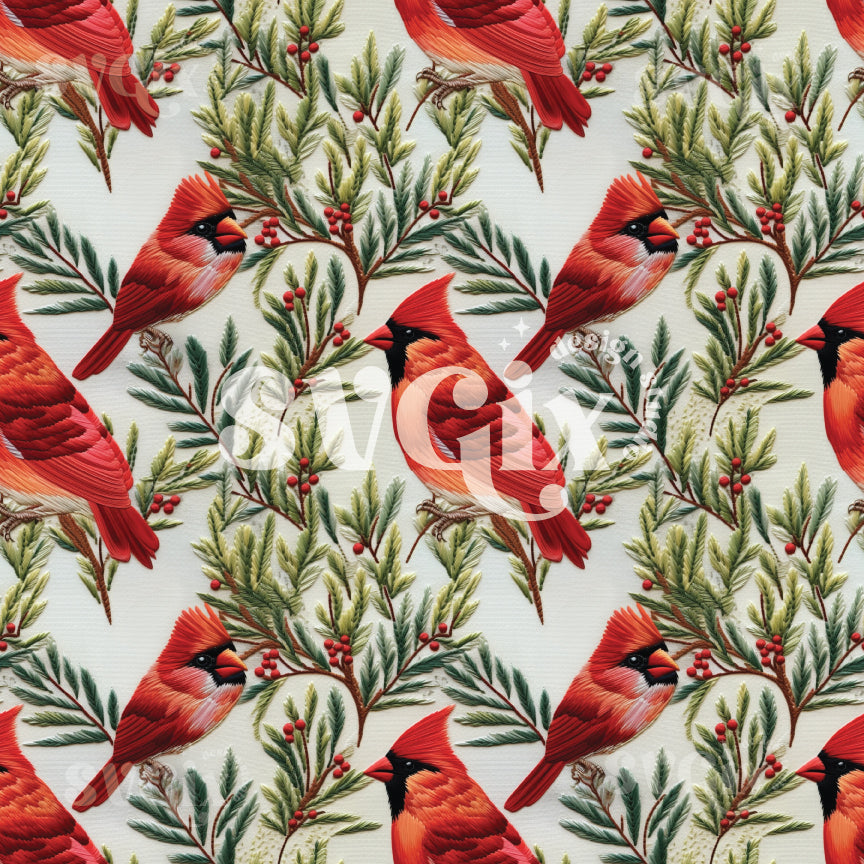 Christmas Cardinals Faux Embroidery Digital Seamless Pattern