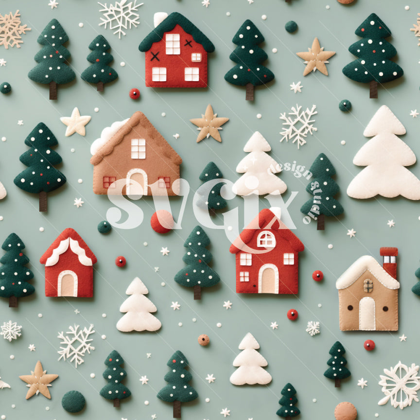 Christmas Houses 1 Felt Embroidery Seamless pattern