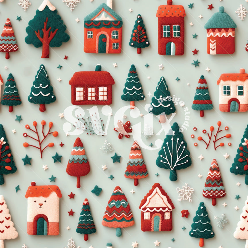 Christmas Houses Felt Embroidery Seamless Pattern