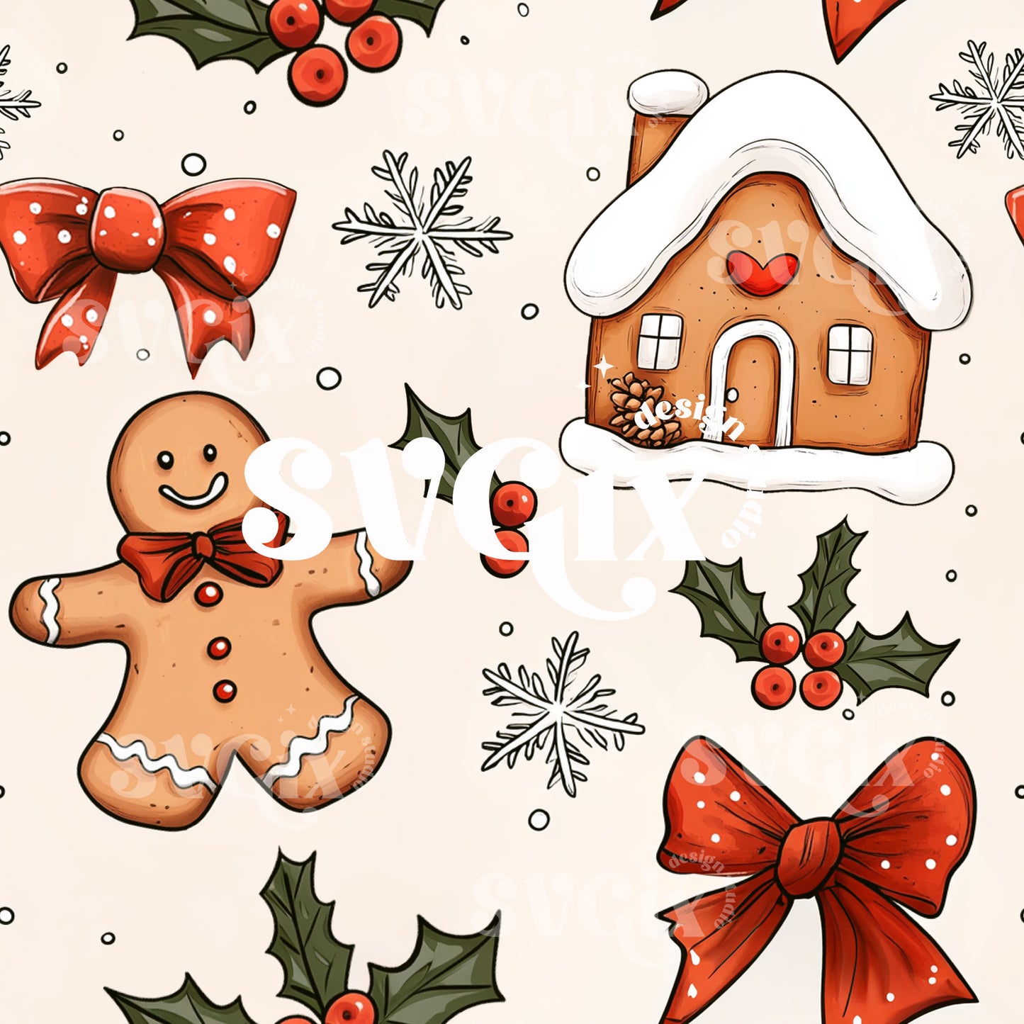 Coquette Christmas Gingerbread Houses Seamless Pattern