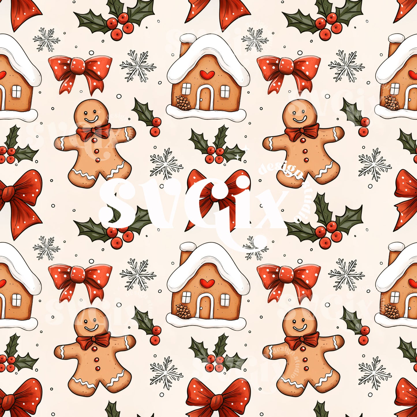 Coquette Christmas Gingerbread Houses Seamless Pattern