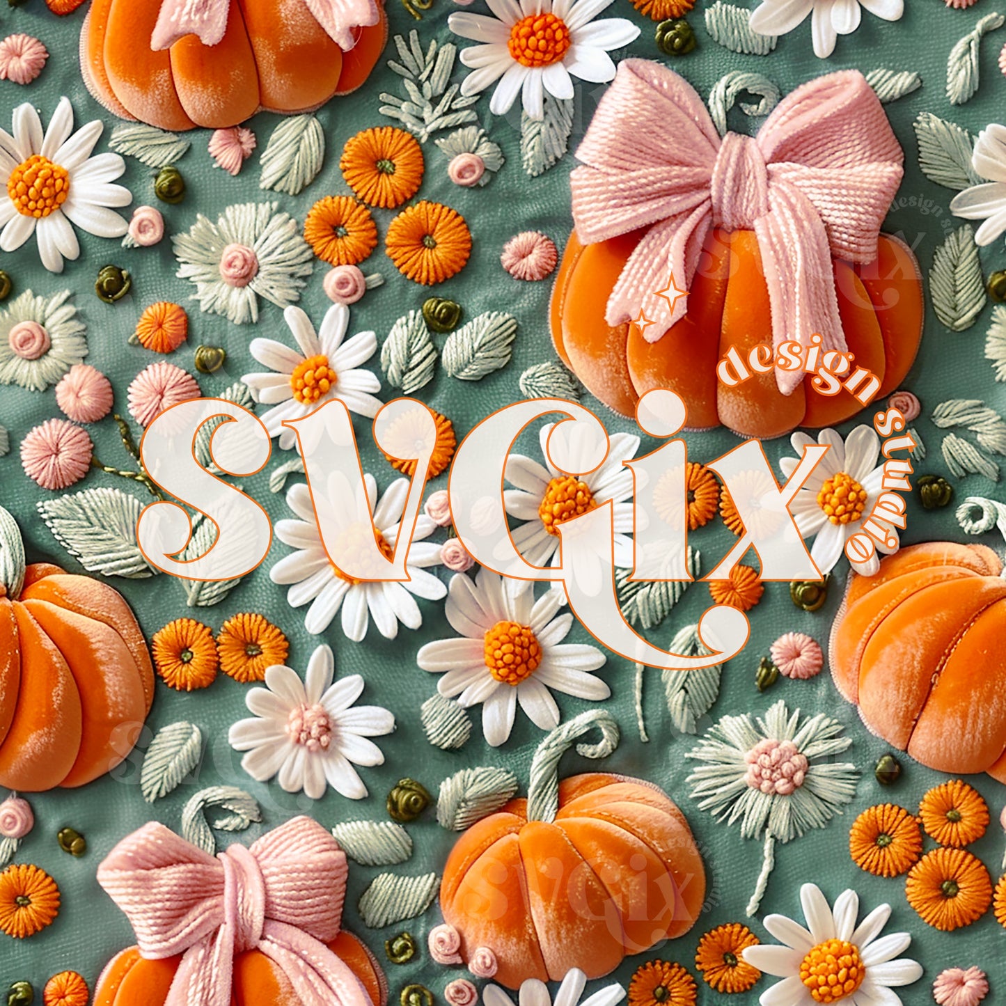 Coquette Pumpkins on Greyish Teal Seamless Pattern