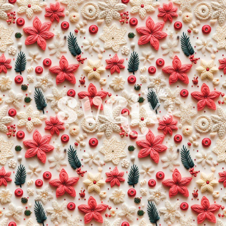 Delicate Christmas Floral Embroidery Seamless Pattern
