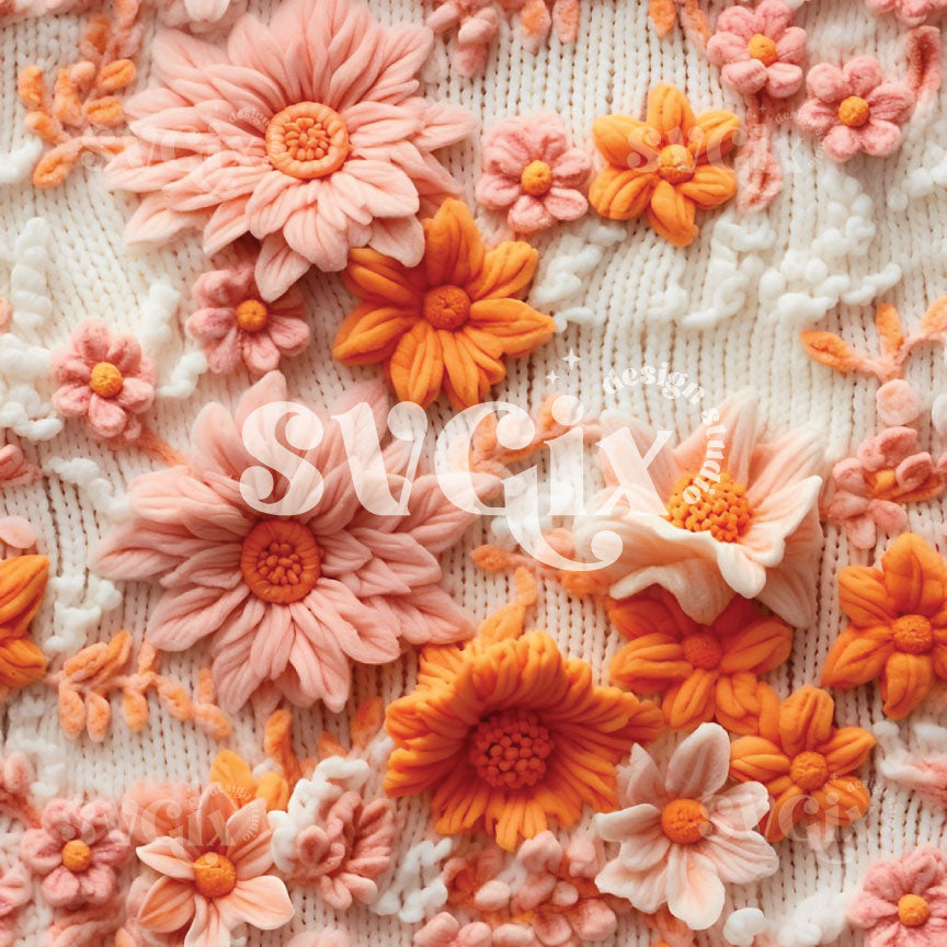 Knit Flowers Leaves Seamless Pattern