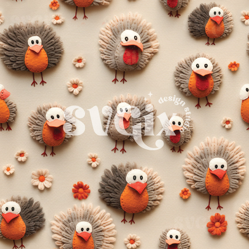 Felt Cute Little Turkeys Seamless Pattern