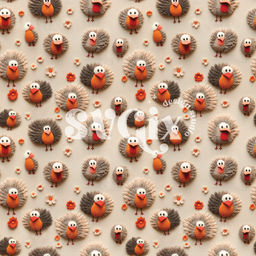 Felt Cute Little Turkeys Seamless Pattern