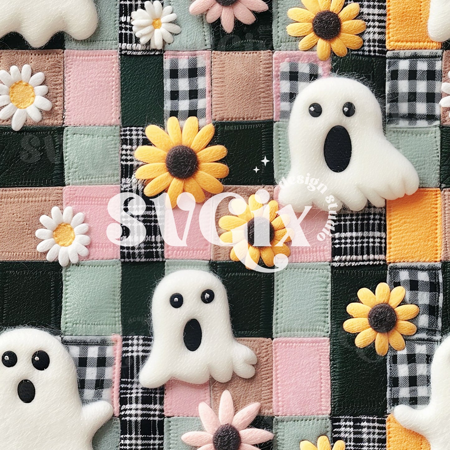 Gingham Ghost Garden Seamless Pattern