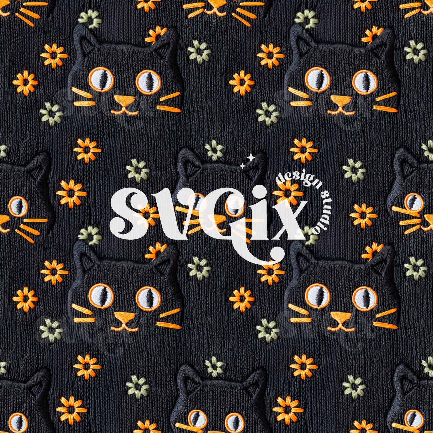 Halloween Whiskers Black Cat Seamless Pattern