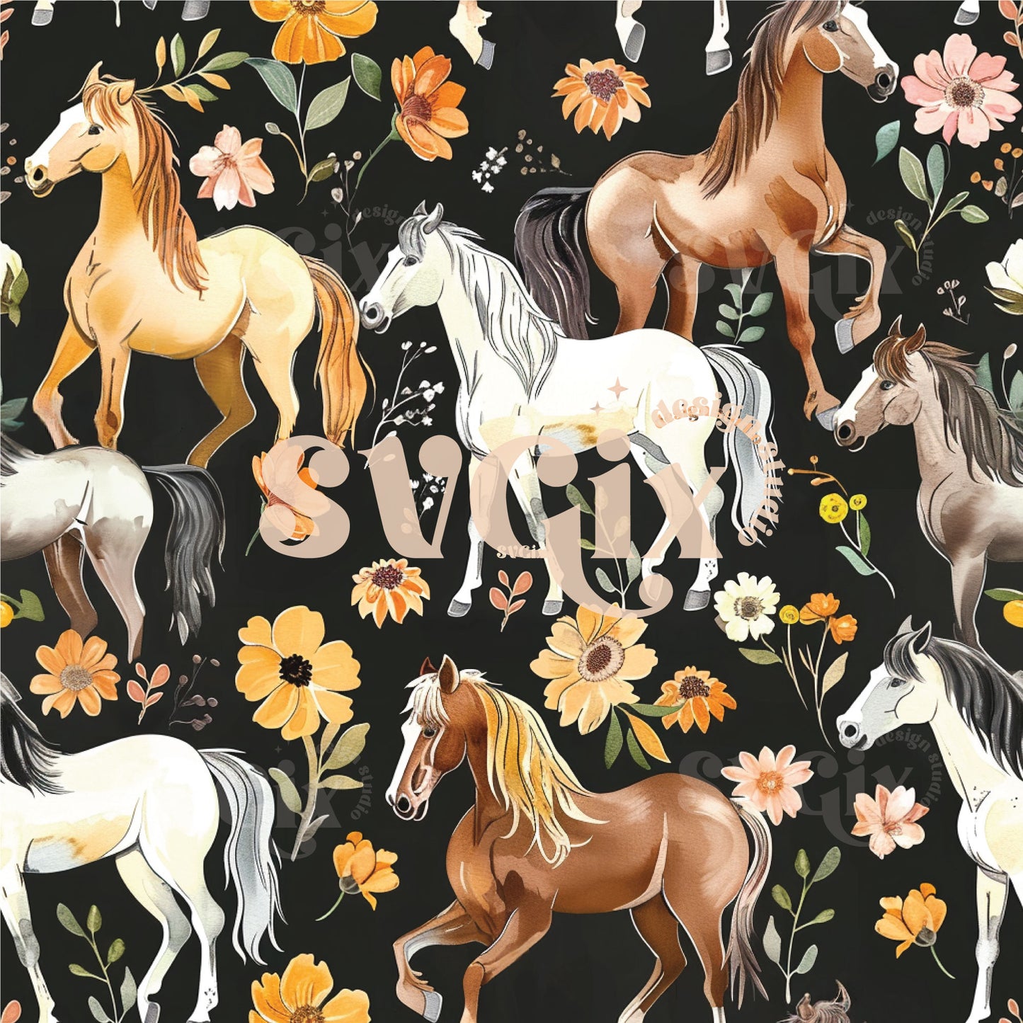Horses Floral Watercolor Seamless Pattern
