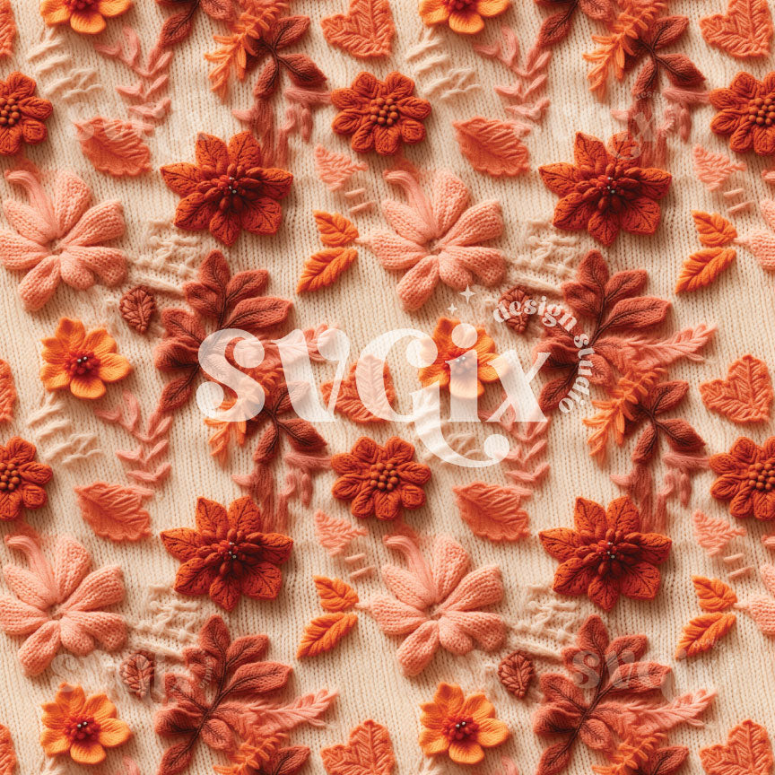 Knit Flowers Leaves Seamless Pattern