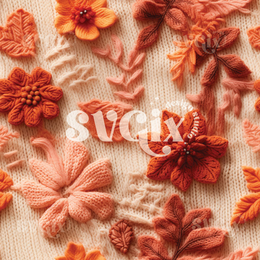 Knit Flowers Leaves Seamless Pattern