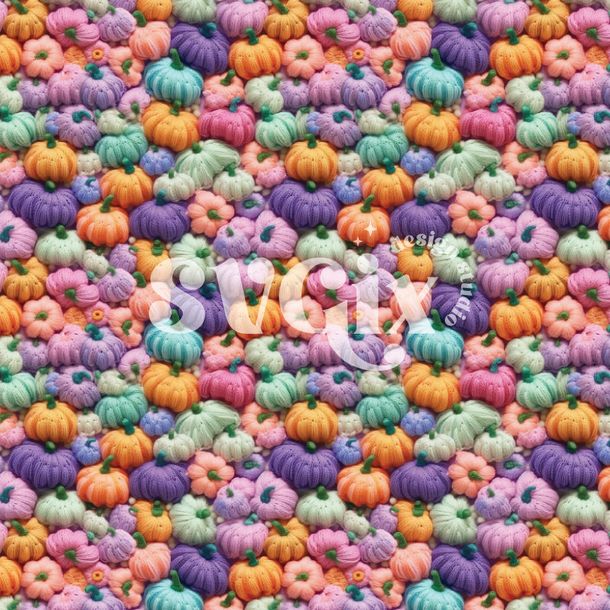 Knitted Pastel Pumpkins Fall Embroidery Seamless Pattern