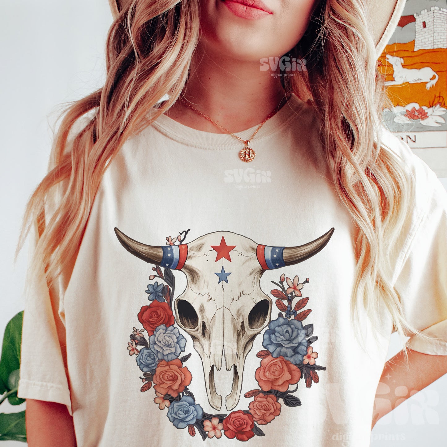 Patriotic Cow Skull Western Floral PNG Sublimation file
