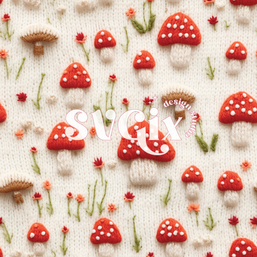 Red Knit Mushies Seamless Pattern