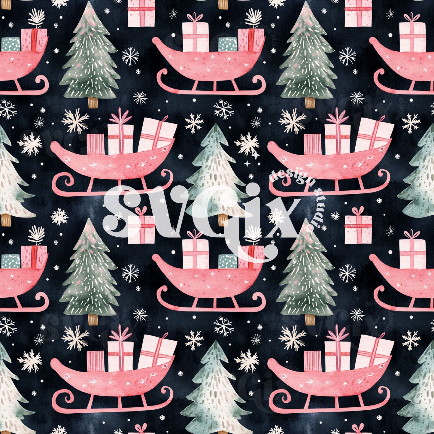 Sleigh Ride Watercolor Seamless Pattern
