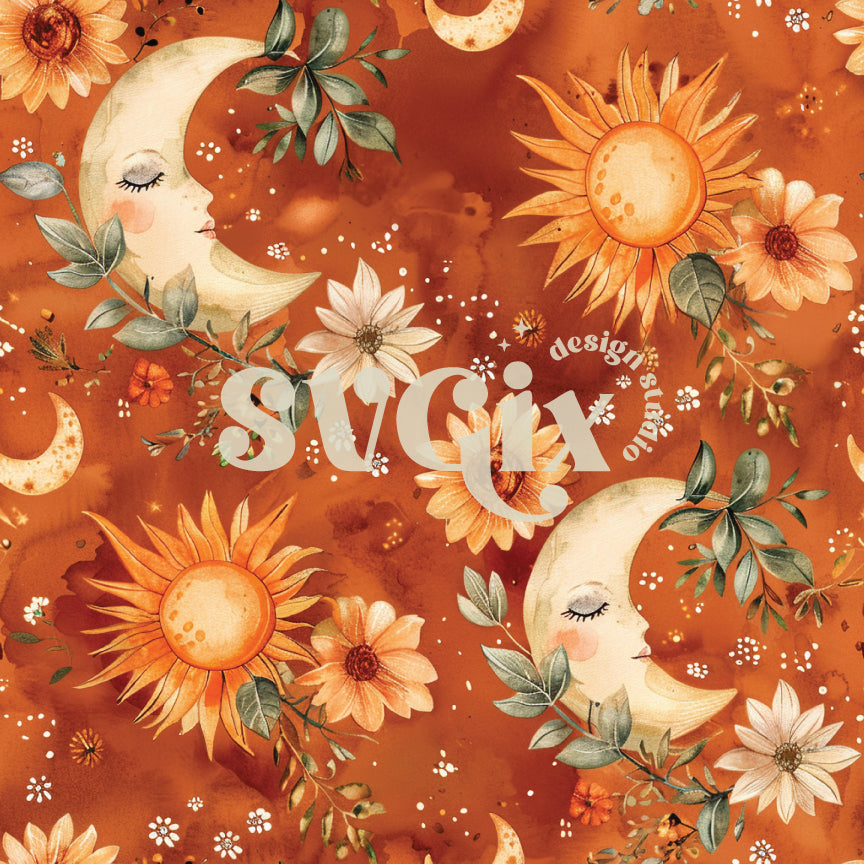 Sun and Moon Terracotta Watercolor Seamless Pattern