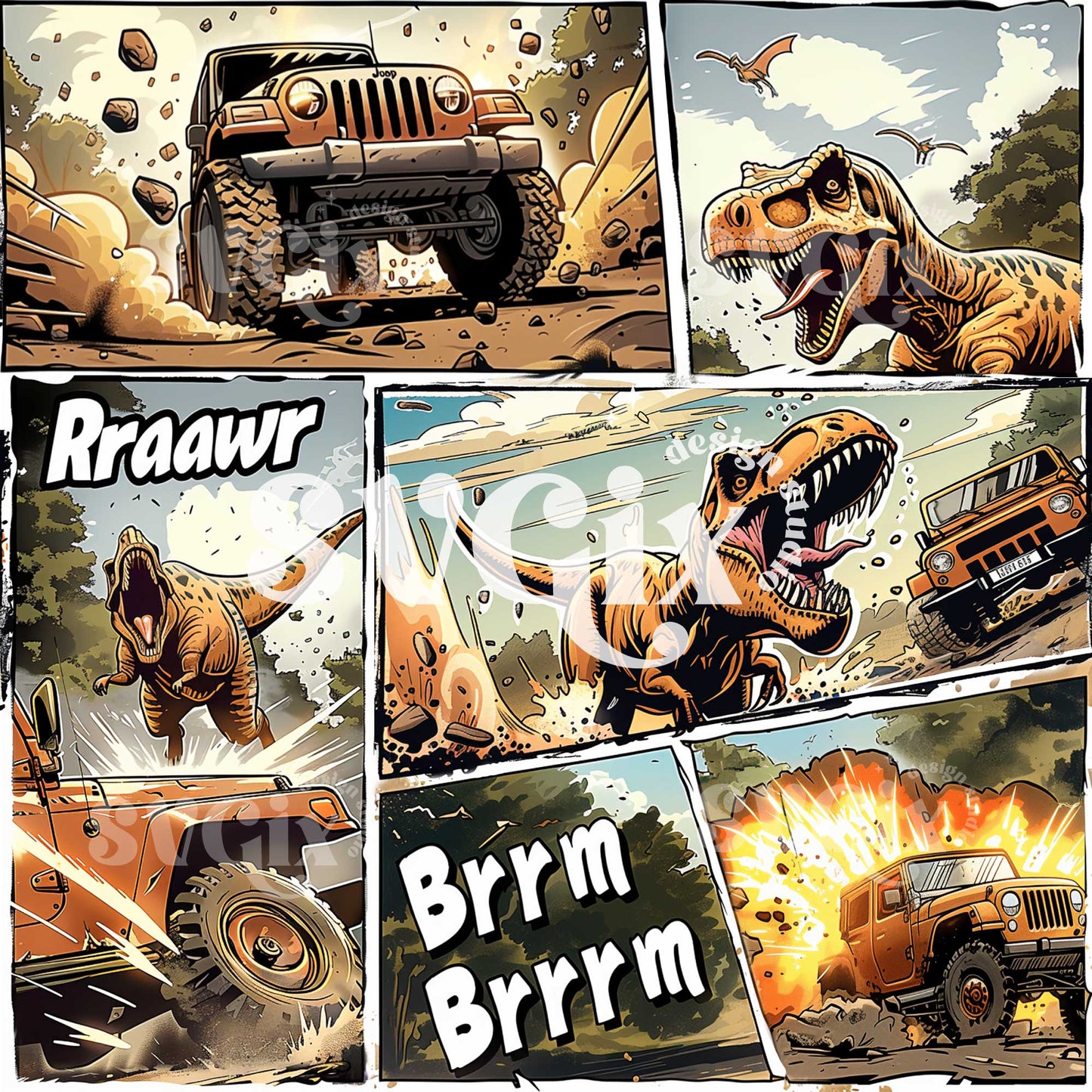 Dinosaur 4 wheels Chase Comics Seamless Pattern