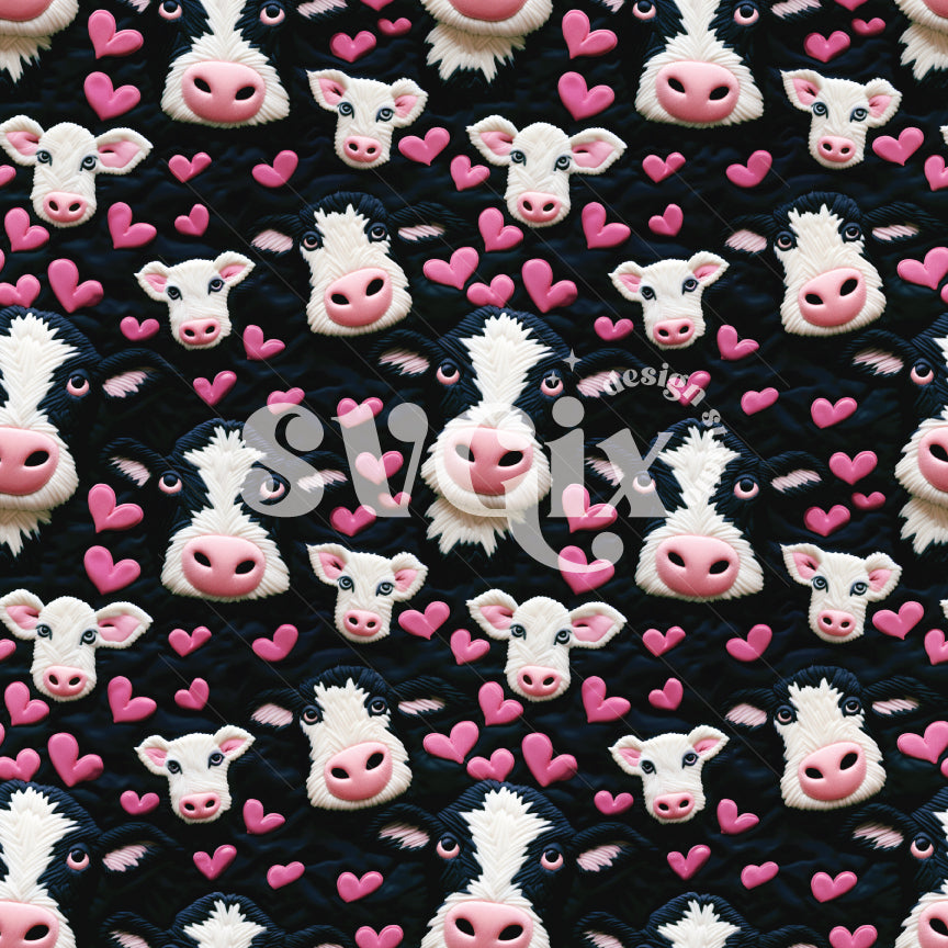 Valentines Cows Embroidery Seamless Pattern