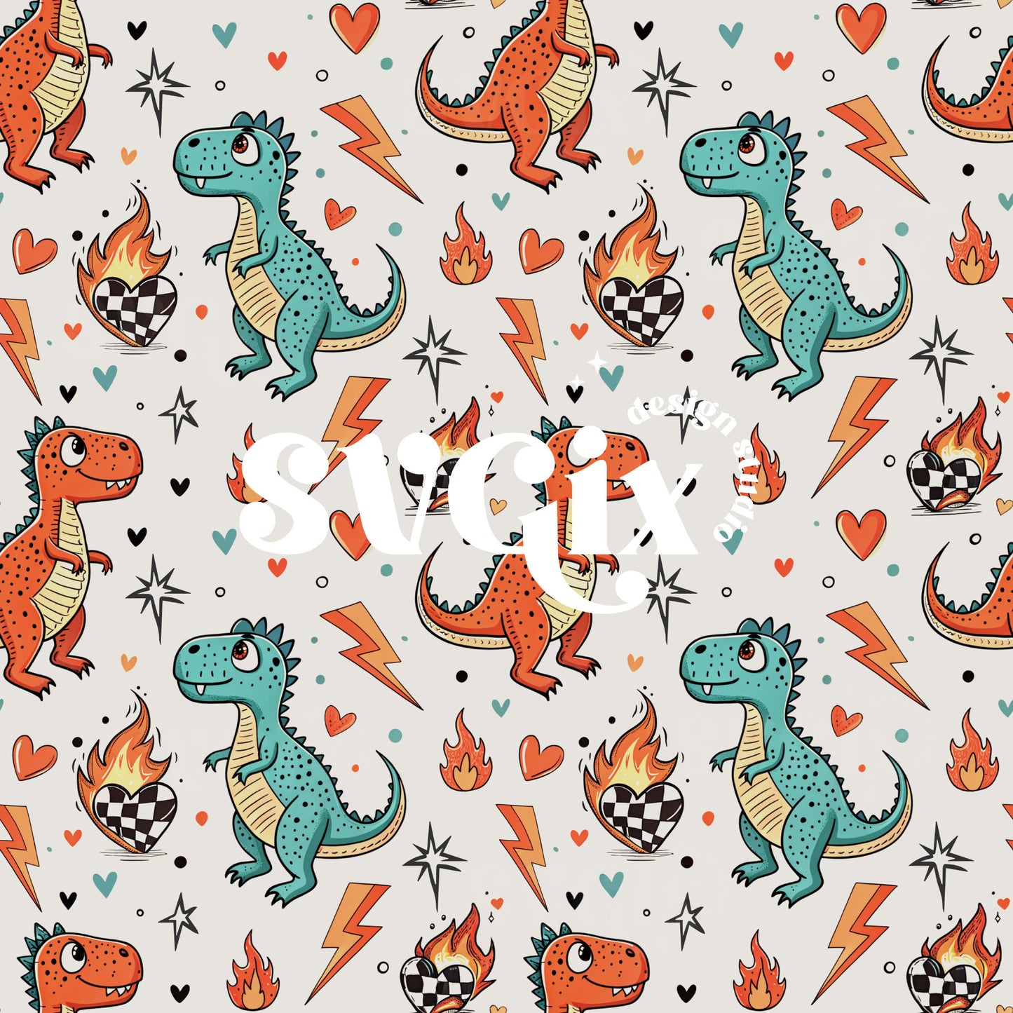 Vday Dinos and Burning Hearts Seamless Pattern