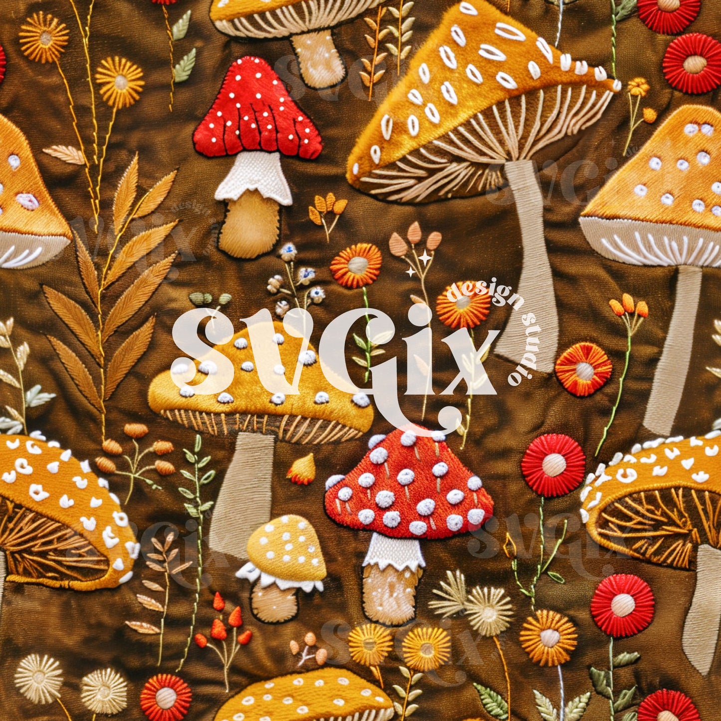 Velvet Fall Mushrooms Seamless Pattern