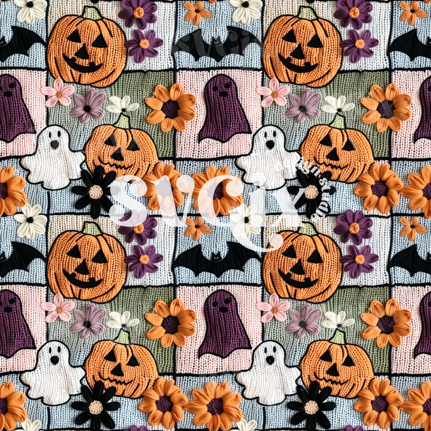 Whimsical Ghost and Floral Knit Seamless Pattern