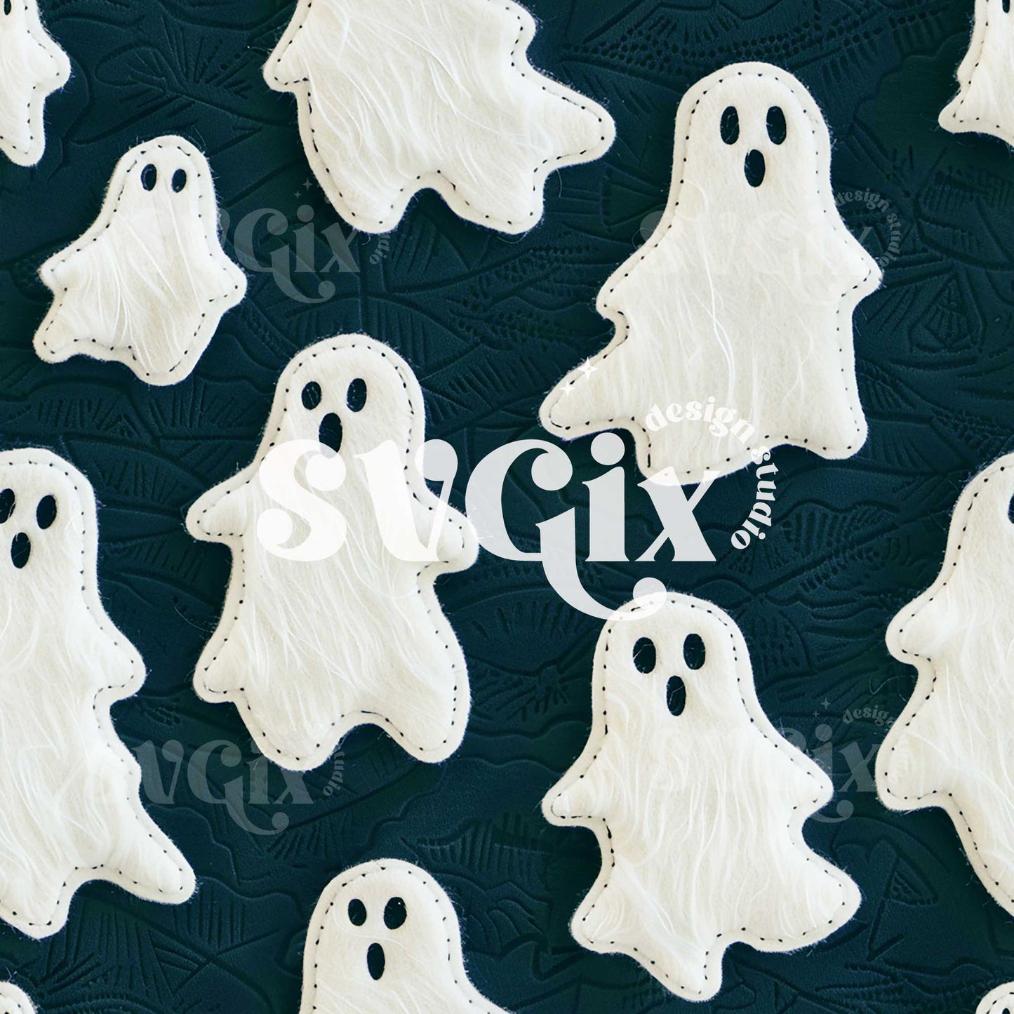White Felt Ghosts on Navy Seamless Pattern