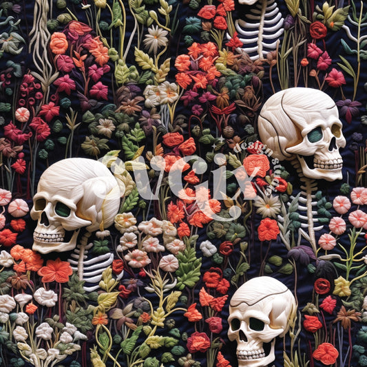 Floral Skeleton Skulls Faux Embroidery Seamless Pattern