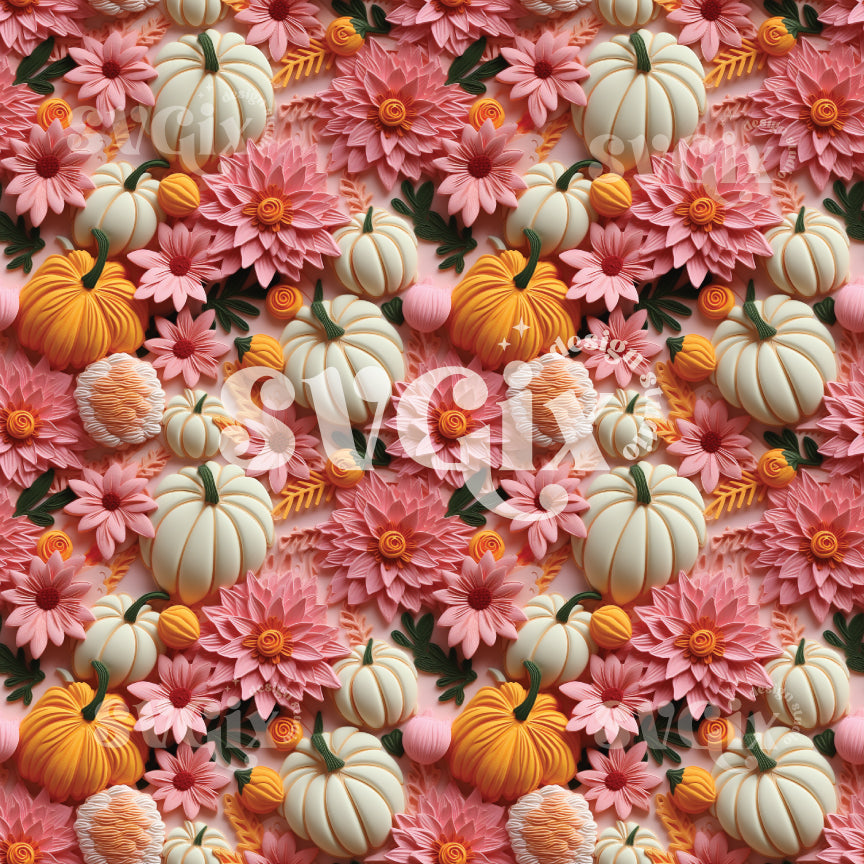 3D Floral Pumpkins Seamless Pattern