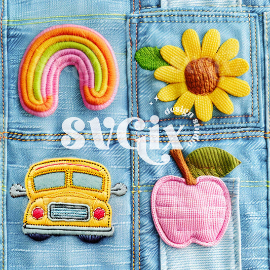 Back to School Denim Patchwork Embroidery Seamless Pattern