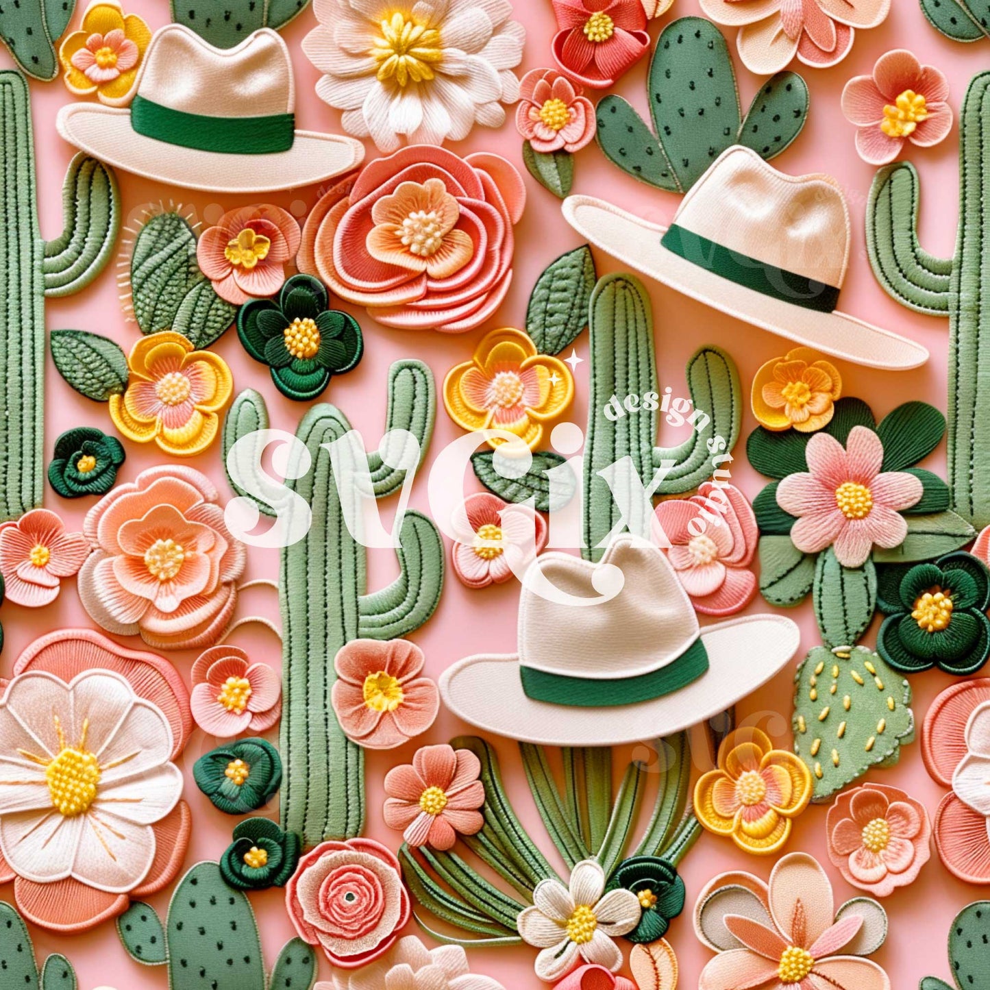 Cacti and Florals Seamless Pattern