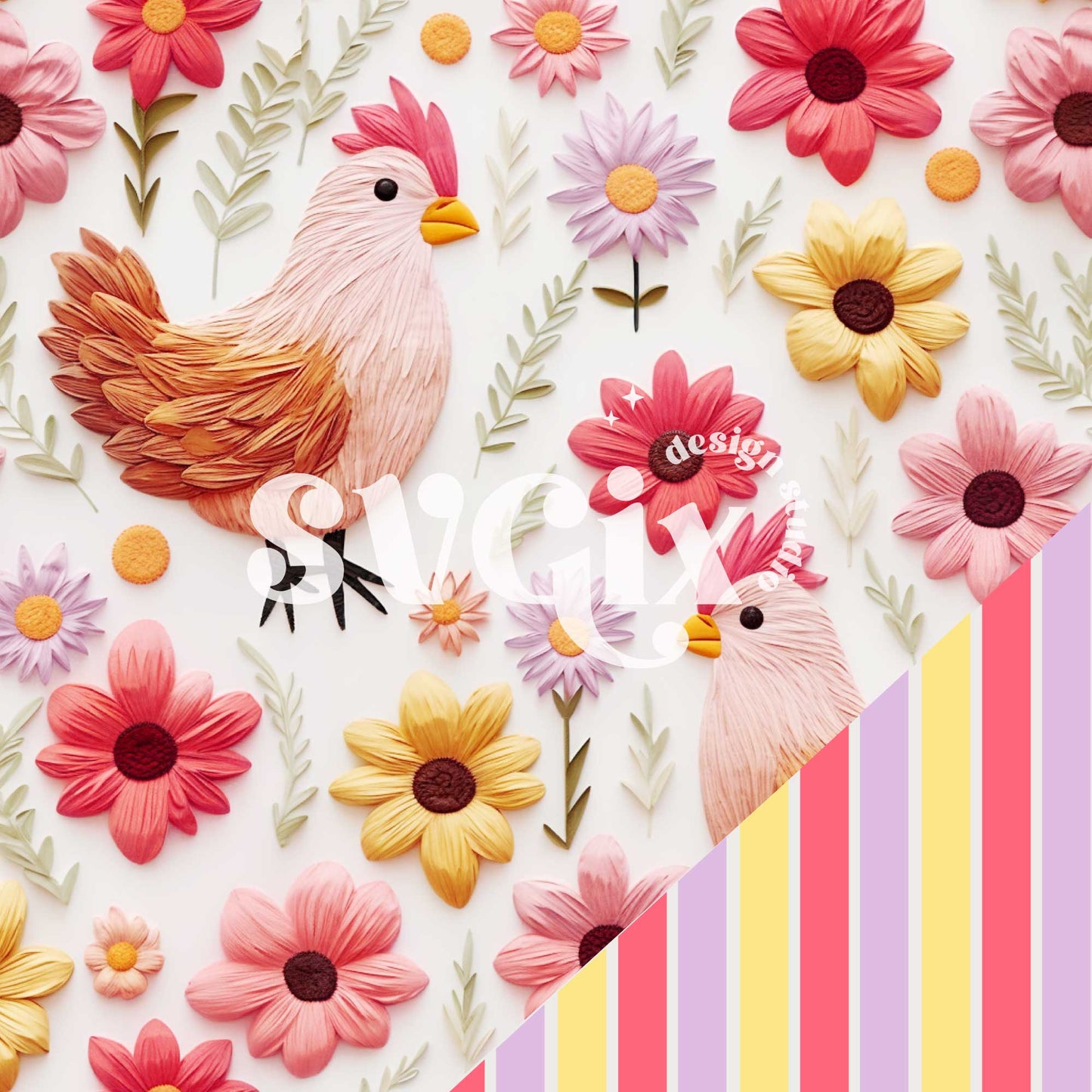 Chickens Floral Seamless Pattern