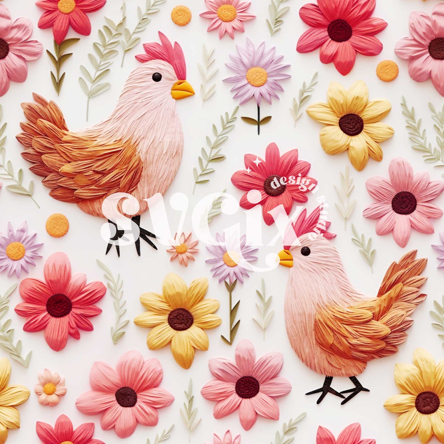 Chickens Floral Seamless Pattern