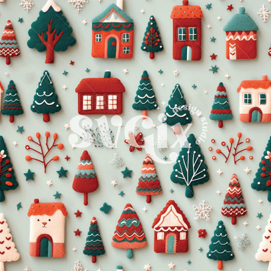 Christmas Houses Felt Embroidery Seamless Pattern