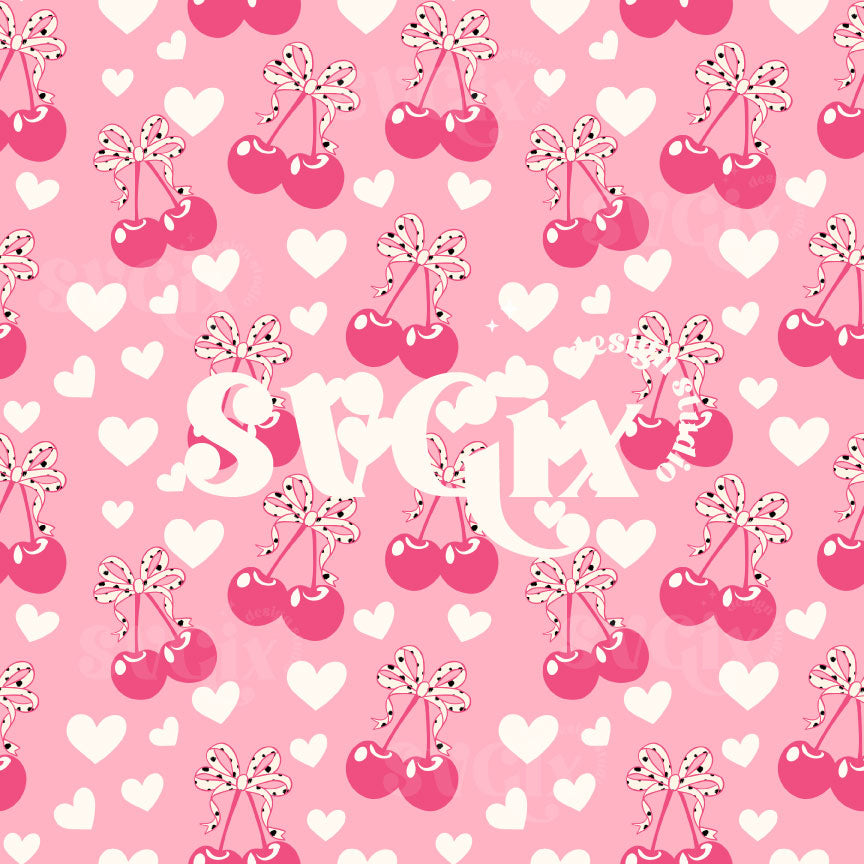Coquette Cherry Hearts Bows Pink Seamless Pattern