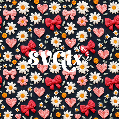 Coquette Vday Seamless Floral Bows Hearts Embroidery Repeating Pattern