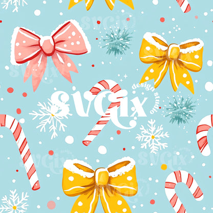 Coquette Christmas Snowy Bows Seamless Pattern