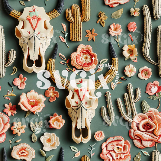 Cow Skulls on Teelish Green Seamless Pattern