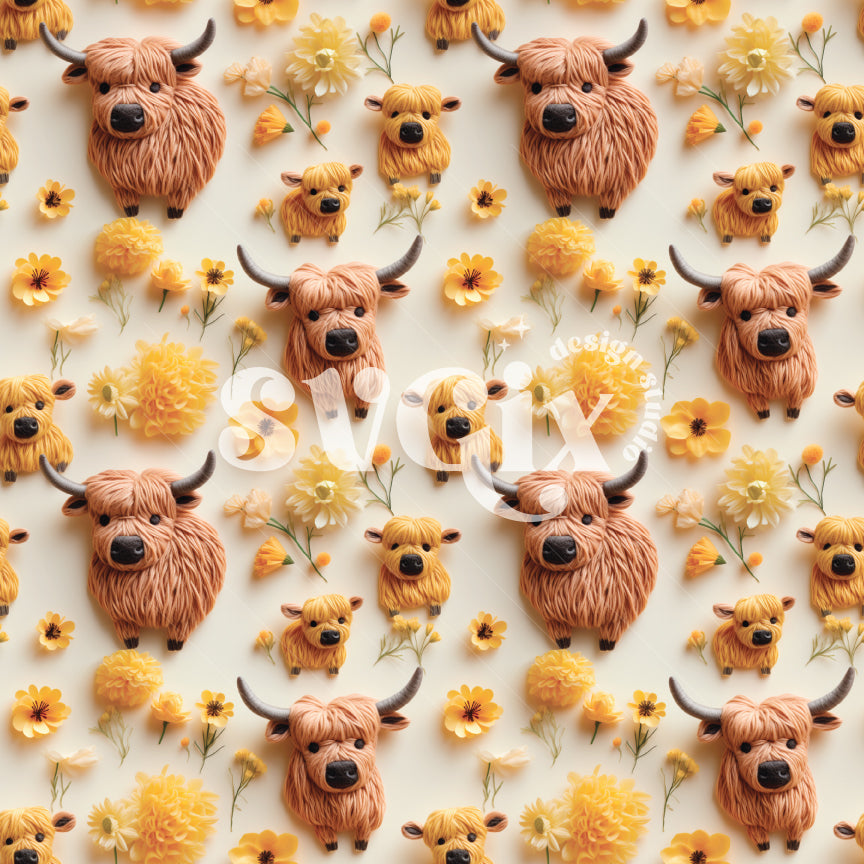 Easter Highland Cows Seamless Pattern