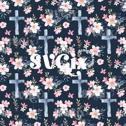 Easter Faith Cross Floral Seamless Pattern