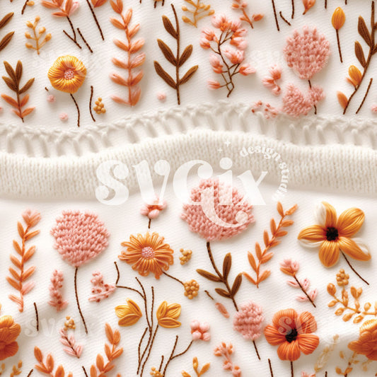 Fall Wild Flowers Embroidery Seamless Pattern
