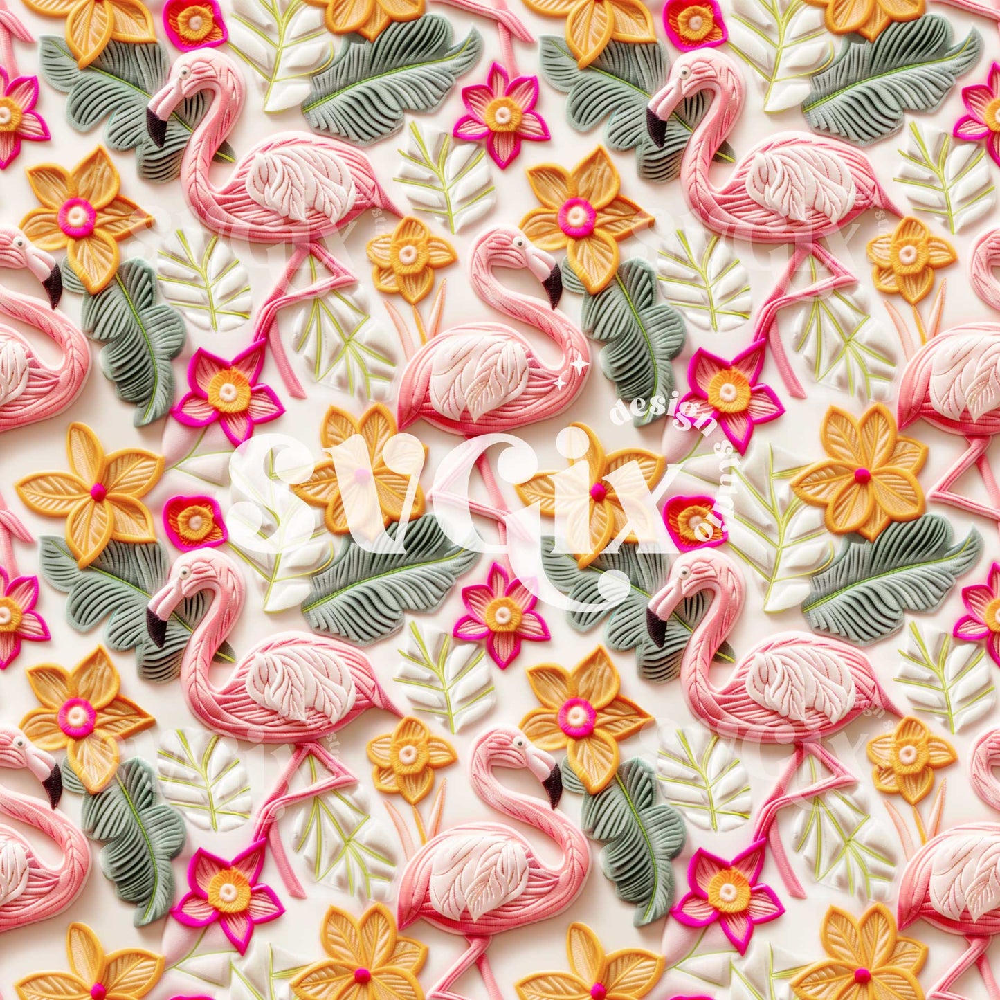 Faux Embroidery Look Flamingos Seamless Pattern