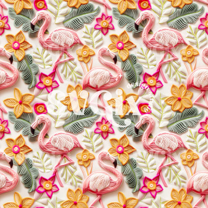 Faux Embroidery Look Flamingos Seamless Pattern