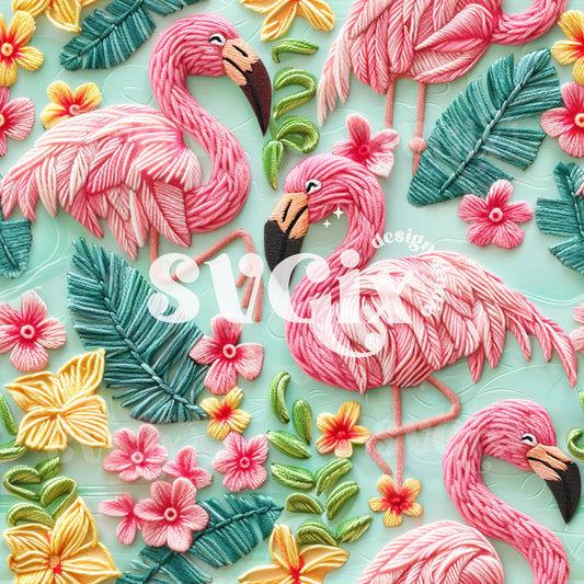 Flamingos Embroidery Seamless Pattern