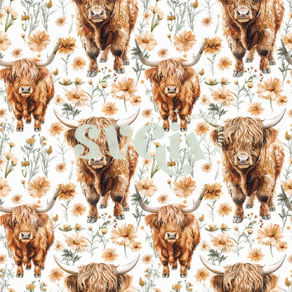 Highland Cows Floral Watercolor Seamless Pattern