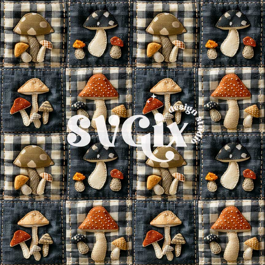 Mushies Patchwork Fall Seamless Pattern - Fall Seamless
