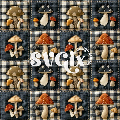 Mushies Patchwork Fall Seamless Pattern - Fall Seamless